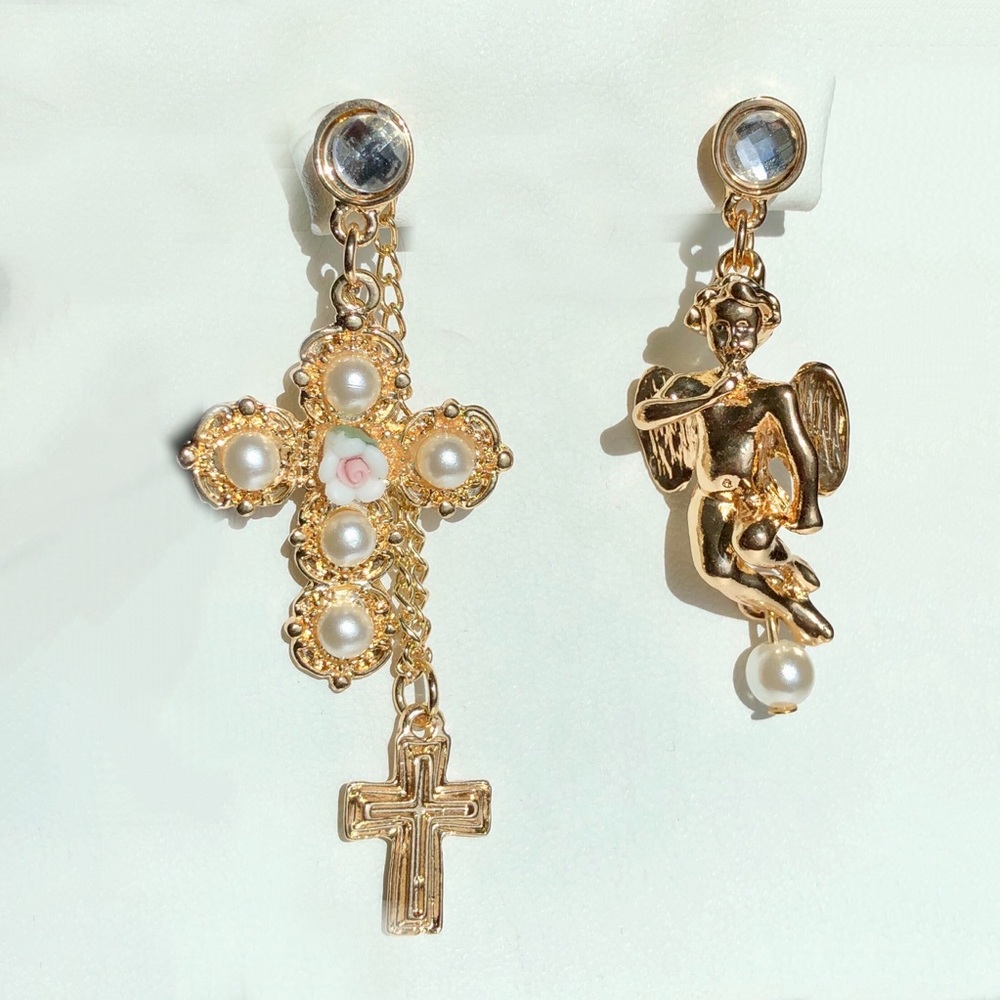 👼 🌹 Rose Gold Boho Cross Angel Pearl Earrings